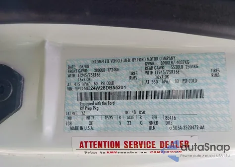 2008 Ford E-250 Commercial/Recreational из США, поврежденный, VIN 1FDNE24W28DB55201